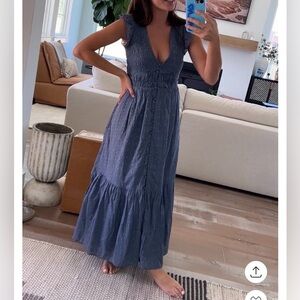 Anthropologie The Peregrine long blue smocked ruffle button front dress L